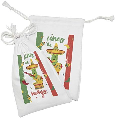 Lunarable cinco de mayo ткаенина торбичка сет од 2, doodle cactus човек свири гитара на мексиканско знаме обоена позадина, мала торба за влечење за маски и фаворити, 9 x 6, повеќебојни