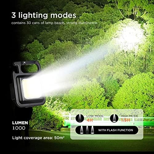 Jeegol LED Mini COB Fl Flersls 1000 High Lumens Bright Light Chellchain Flashlight Portable USB -светло за полнење 3 режими на светлина со заграда за преклопување, отвор за шишиња за кампување за одење во рибо