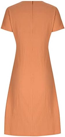 Fehlegd женски обични фустани лето цврста боја на вратот Краток ракав Миди фустан Трендовски лабав фустан на резервоарот за плажа со џеб