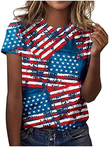 Женски патриотски кошули Симпатична кратка ракав црвена бела и сина врвови летни обични маици на плажа на американско знаме за печатење на знаме