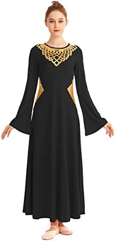 Hihcbf жени металик литургиски пофалби танцувачка облека лирски фустан bellвоно ракав цвет јака блок богослужба костум
