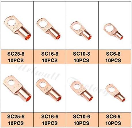 Davitu 10pcs завртка за завртки со затемнети бакарни лагички прстени терминали на батерии M6/M8 Bare Cable Electric Crimp Wire Connectors SC6 -SC25 комплет -