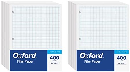 Хартија за филер во Оксфорд, 8-1/2 x 11, правило за графикони, прободени со 3 дупки, 800 листови лабава хартија за лисја за 3 врзива за прстени,