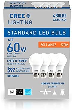 Cree Осветлување Основни Серија А19 Сијалица, 2700k Затемнета LED Сијалица, 60W + 800 Лумени, Мека Бела, 4 Пакет,