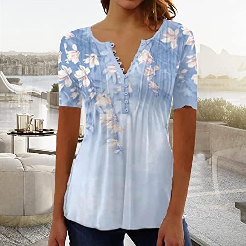 Маица со блуза за жени лето есен памук со кратки ракави v вратот копче надолу до цветна графичка секси плетена мета Фр