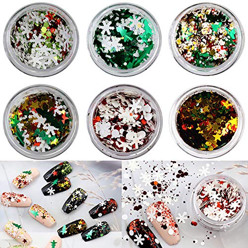 6 кутии сјајни божиќни нокти sequins Шарени снегулка дрво starвезда 3Д снегулки украси за нокти Чунки налепници на сјај