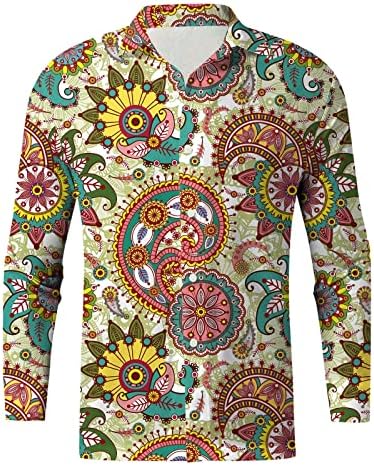 Zddo Mens Hawaiian кошули обични долги ракави Paisley Boho копче за печатење надолу со кошула лапел јака дизајнер плажа алоха врвови