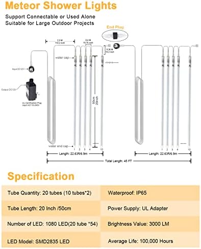 Божиќни метеорски туш светла, yztree 20 инчи 20Тјубени 1080 лежеа светло за паѓање на дожд на отворено