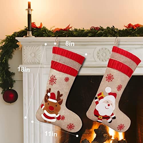 Божиќни чорапи на Мбета 4 Пакет - 18 '' Симпатична Божиќна декор Бурлап кариран стил на вез за семеен празник Божиќна забава класични