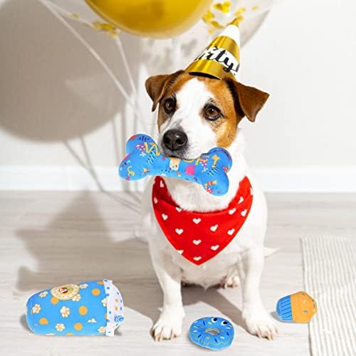 Играчки за пискање на кучиња Bingpet - пакет од 4 резерви за роденденска забава за кучиња, симпатични играчки за кадифен кучиња - коска,
