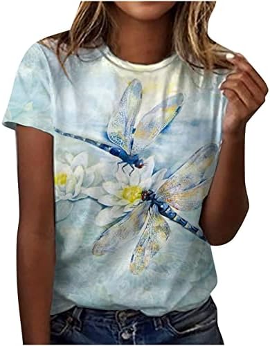 Womenенска маица есен лето 2023 облека со краток ракав, памучен екипаж, графички лабава лабава вклопена толна кошула за девојки