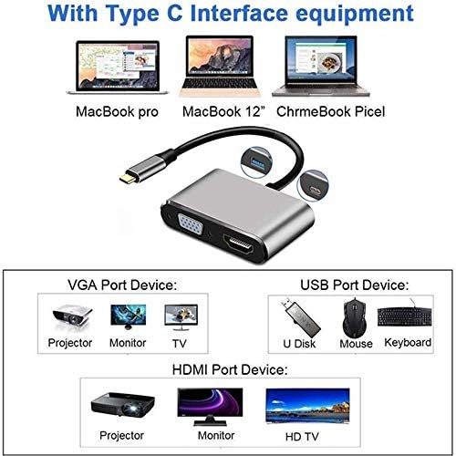 HD конекција USB C до HDMI VGA 4K адаптер 4-во-1 тип Ц адаптер центар за HDMI VGA USB 3.0 дигитален адаптер за мултипорт на AV со