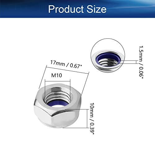 Bettomshin M10 x 1,5 mm најлон вметнете хексадецимални ореви за заклучување, 304 не'рѓосувачки челик, пакет од 3