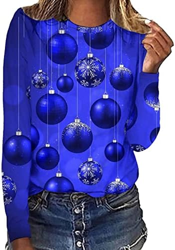 Кошули со долг ракав за жени мода Божиќ печатено лабава маица блуза околу вратот Обични врвови