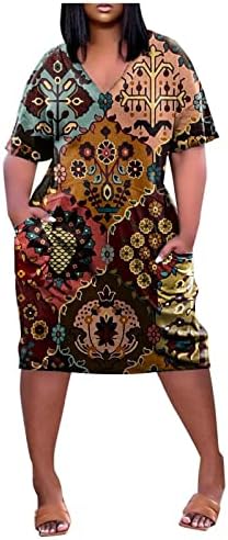 Африкански фустани за жени гроздобер v врат краток ракав плус големина џебови фустани со маици преголем фустан од туника на плажа