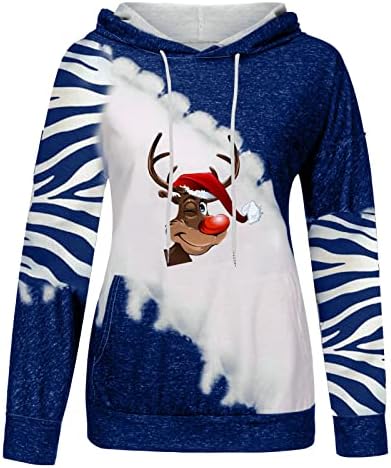 Качурени џемпери за жени Божиќ симпатични печатени долги ракави во боја на бои, куќички, обичен кенгур џеб, пулвер