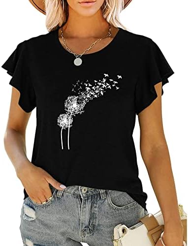 Женски дневни маици со краток ракав маички печатени печатени кружни врат -блуза обичен памук лабава спортска туника