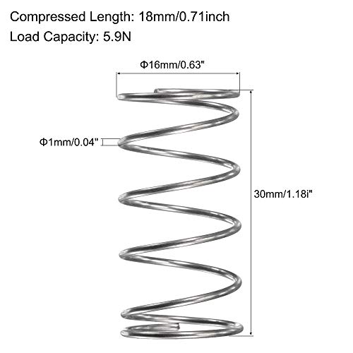 Uxcell Compression Spring, 304 не'рѓосувачки челик, 16мм OD, големина на жица од 1мм, компресирана должина од 18 мм, бесплатна