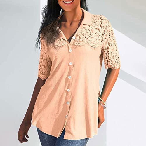 Blace Bluses за жени копче надолу со кошули со кратки ракави, врвови на вратот, летни обични цврсти маици мода лабава мета