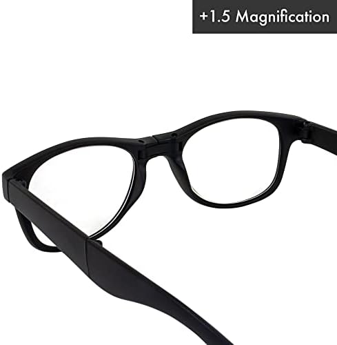 Глобална Визија Преклопни Очила За Читање За Мажи Или Жени +1.5 Зголемување Преклоплива Црна Рамка со Јасна леќа &засилувач; Торбичка