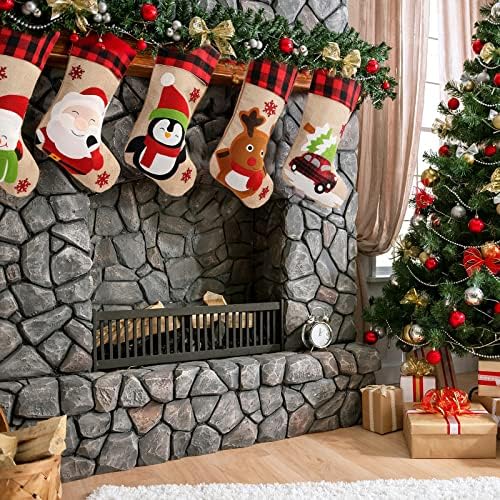 Божиќни Чорапи од златно цвеќе 5 Пакувања, Големи Божиќни Чорапи Од 18 Инчи Со Дедо Мраз Снешко Гноми Шема, Класична Биволска Карирана