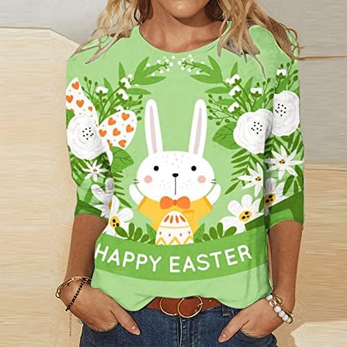Women'sенски симпатична зајаче печати 3/4 ракави Велигденски кошули Смешни велигденски јајца екипаж екипаж маичка летна обична