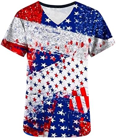 2023 Патриотски врвови за чистење за жени 4-ти јули празници Работна облека за блузи 3Д американско знаме печатено маица за чистење