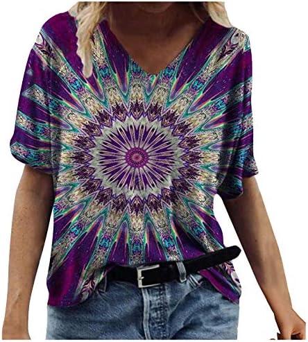 Lutенски летни кратки ракави маички против вратот шарени цветни печатени тунични маички трендовски обични лабави плус големина