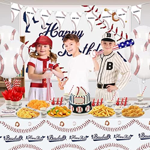 Декорации за бејзбол забава - Декорации за роденден во бејзбол, вклучувајќи знаме за концесија дома, бејзбол плочи, салфетки, чаши, прибор за