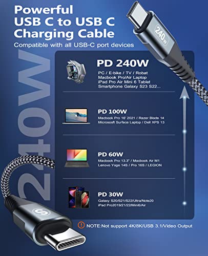 Sweguard 240W USB C до USB C кабел 6.6FT, Type C до Type C полнач Брзо полнење најлонски плетенка кабел компатибилен со MacBook Pro/Air, iPad