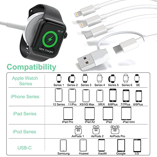 Мулти 6-во-1 Универзален Кабел За Полнач, USB А+USB C Безжичен Магнетски Полнач За Часовници+Молња*2+Тип C Адаптер За Кабел За Iwatch Серија