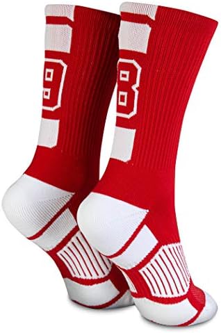 ChalkTalkSports Custom Team Buter Crew чорапи | Млади и возрасни атлетски чорапи црвени | Изберете го вашиот број