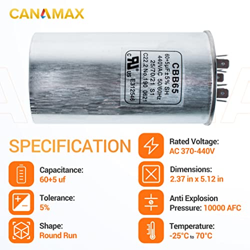 Canamax 60+5 MFD UF ± 5% 370/440 Volt VAC Dual Run Round Connector - Замена за кондензатор директно ладно или топлинска пумпа за климатик