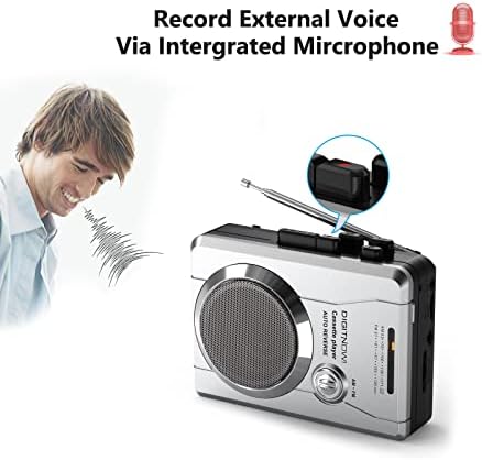 DigitNow! AM/FM Преносен џеб радио и рекордер за касети со гласовно аудио, личен аудио-касета плеер со вграден звучник и слушалки