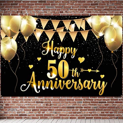 ПАКБООМ Среќна 50 -годишнина Банер за позадина - 50 -годишни украси за забави за родители - 3,9 x 5,9ft Црно злато