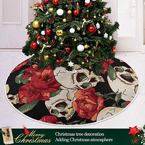 Декорација на здолниште на новогодишна елка, украс на мало мини дрво со здолниште 35,4 инчи со череп со шеќер и црвени афионски цвеќиња за украси
