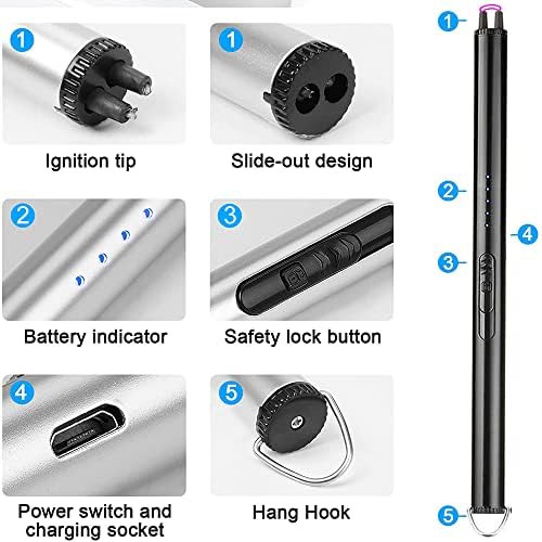 Леден сребро полесен електричен запалка за свеќи полесни USB запалка ， LED дисплеј за безбедност на батеријата за готвење на кујна за готвење