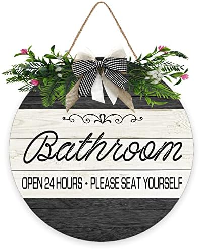 Знак на влезна врата од бања, смешни венци што висат дрвена плакета декорација, тркалезно рустикално дрво фарма куќа тремот за декор