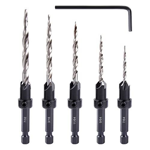 NewDeli 9PCS дрво Countersink Bit Set 1/4 Брза промена на промената - 5pc прилагодливи бројачи на бројачи 8 - 2 дополнителни 11/64