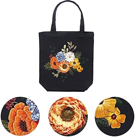 Desunat Black Canvas Tote Tote DIY комплети за вез за почетници со шема и инструкции, комплет за вкрстени бод вклучуваат торба