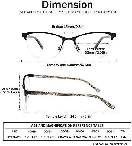 Hotjojo 3 пакувања за читање очила за жени, метална половина рамка за блокирање на сина светлина, читатели на компјутер, филтрирајте