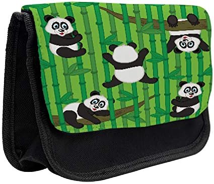 Необичен случај со молив за панда, палински мечки бамбус стебленца, торба со молив со ткаенини со двоен патент, 8,5 x 5,5, зелено црно бело