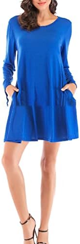 Женски долг ракав, обичен замав фустан со цврста боја Едноставна маица лабава фустан околу вратот А-линија маичка фустан со џеб