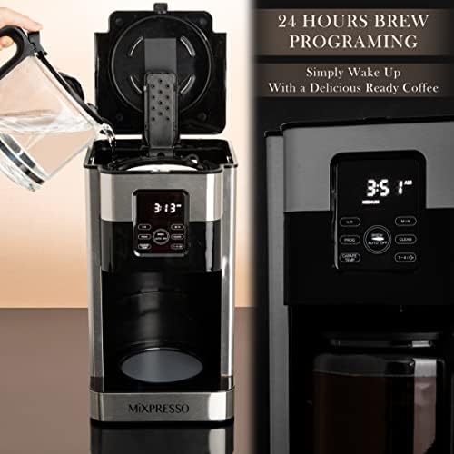 Mixpresso Производител на кафе со капе со 12 чаши со LCD допир дисплеј, програмабилна машина за тенџере со кафе, боросиликатно стакло карафе,