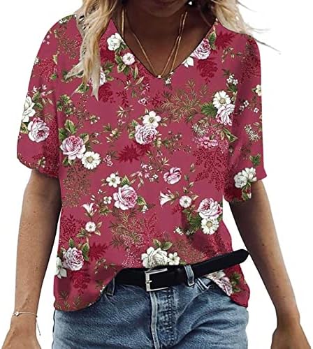 Врвови со кратки ракави за тинејџерски девојки v вратот Цвет графички опуштено вклопување преголеми обични блузи маици жени 2023 U1
