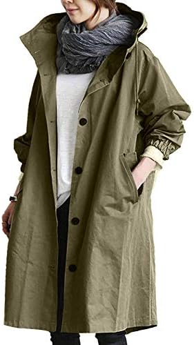 Womenените плус копче со големина надолу со долги ровови со палто, обичен качулка со ветерници отворена предна лесна јакна за дожд со џебови