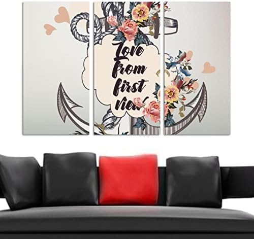 Wallидна уметност за дневна соба, маслено сликарство на платно големо врамено наутички сидро и цвеќиња Loveубов од прв поглед илустрација