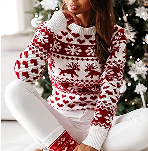 Gimенски грд божиќен џемпер моден круг врат црвен долги ракави снегулки џемпер