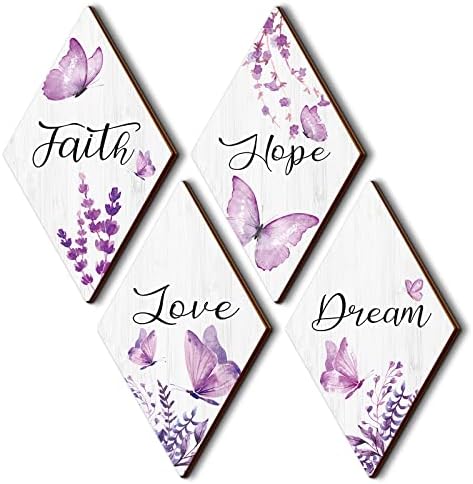 Geelin 4 парчиња Виолетова вера надеж Loveубов сонот wallид декор виолетова елегантна пролетна пеперутка дрвена висечка декор уметност