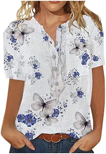 Летна летна маица за лето за жени за жени со цвеќиња за цвеќиња Хенли кошули со кратки ракави блузи Туника врвови со џеб